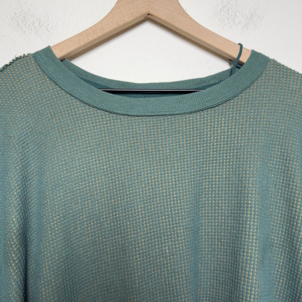 We The Free Women Cotton Thermal Top Large Green Waffle Chunky Knit Oversize - Picture 4 of 9